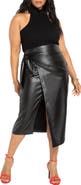 ELOQUII Wrap Front Faux Leather Midi Skirt