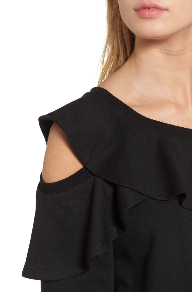 One-Shoulder Ruffle Sweatshirt, Alternate, color, BLACK