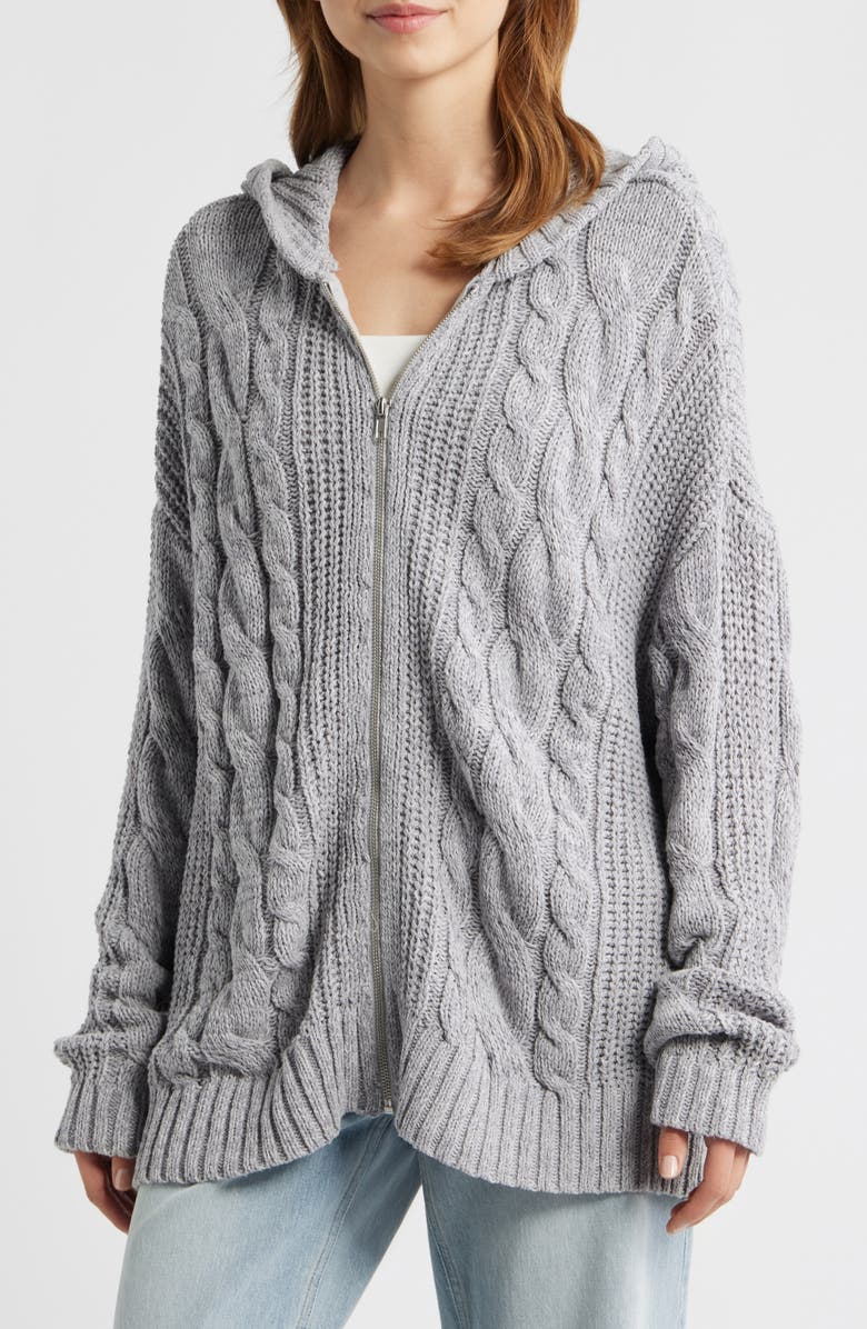 PacSun Dylan Cable Knit Zip-Up Hooded Sweater, Alternate, color, Heather Grey