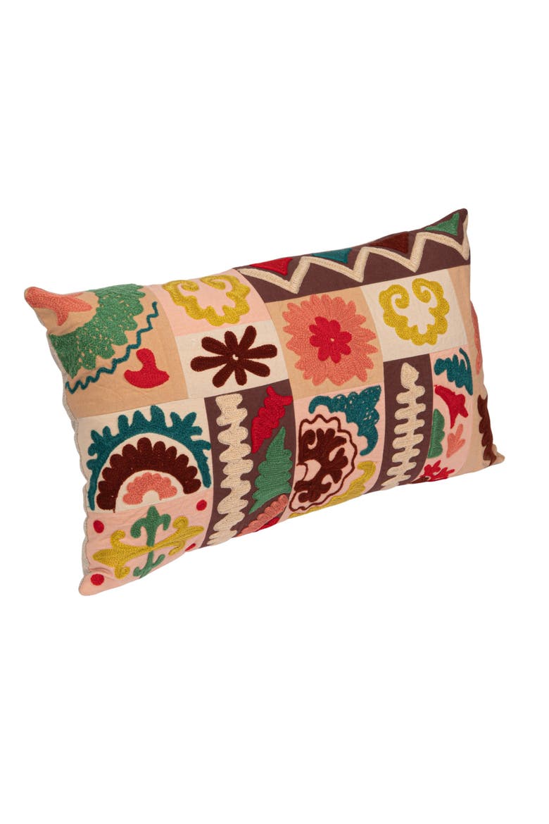 Cotton Embroidered Patchwork Lumbar Pillow with Chambray Back, Multicolor, Alternate, color, Orange