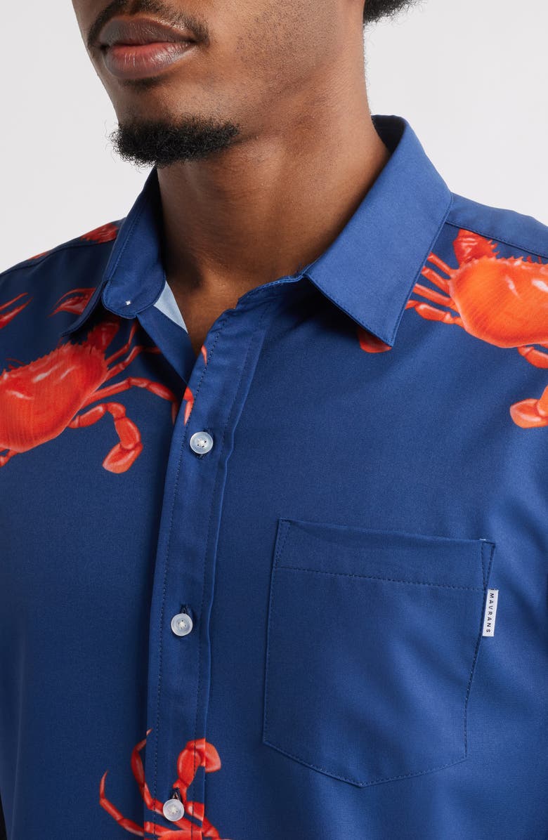 MAVRANS Crab Weekend Short Sleeve Performance Button-Up Shirt, Alternate, color, Blue/ Red