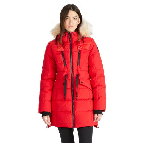 Alia Mixed Media Quilted Parka with Detachable Hood and Faux Fur Trim