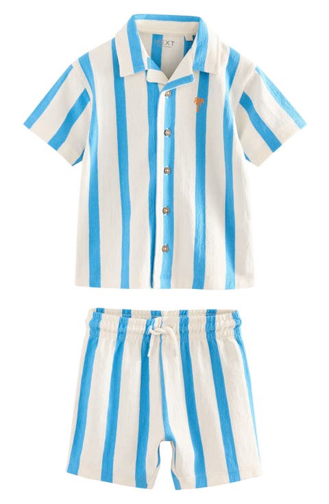 Kids' Stripe Knit Cotton Blend Camp Shirt & Drawstring Shorts Set (Little Kid)