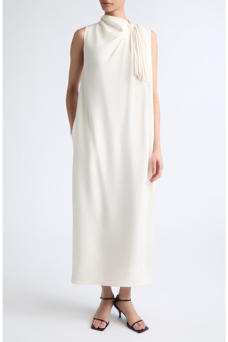 Jackie Fringe Trim Silk Dress, Main, color, IVORY