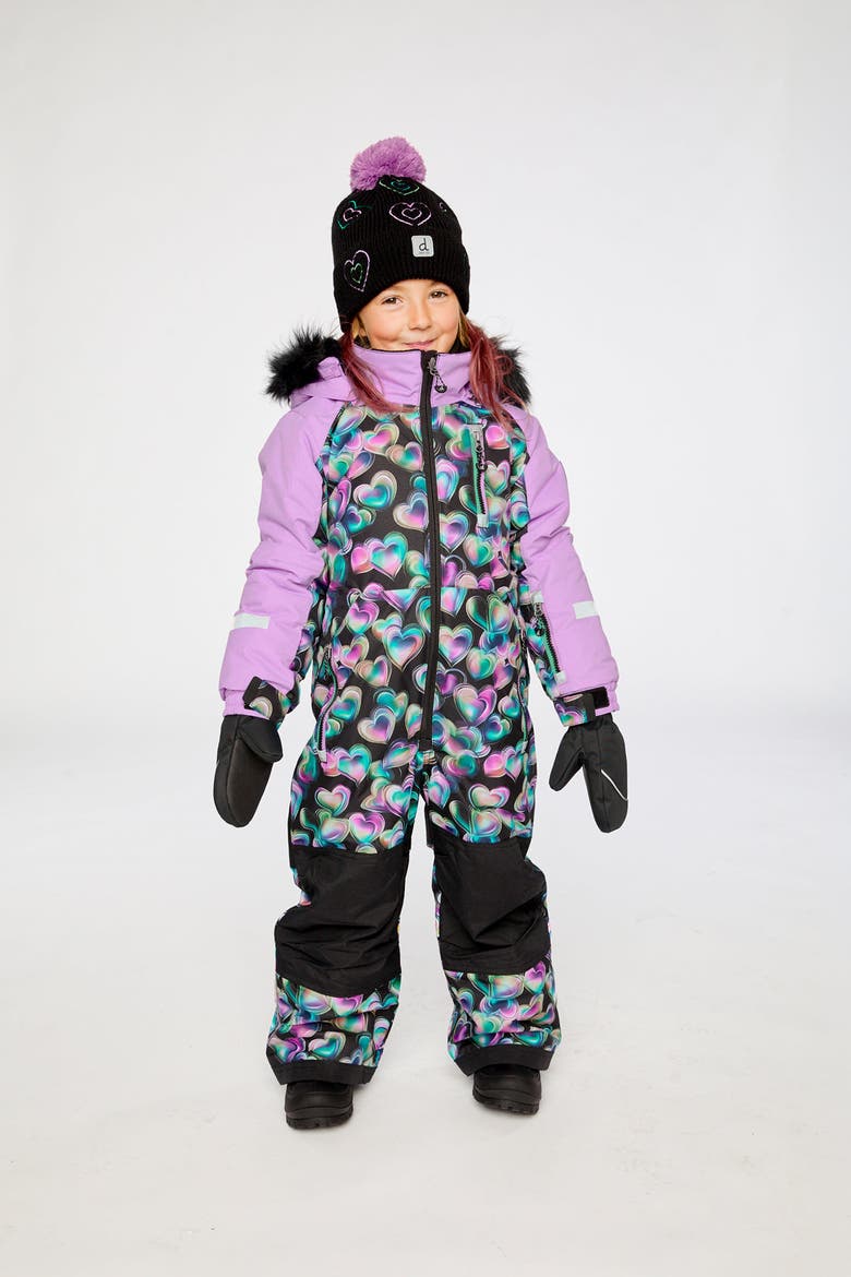 Play Heart Faux Fur Hood & Expandable Sleeve One Piece Snowsuit, Alternate, color, Black Printed with Hearts