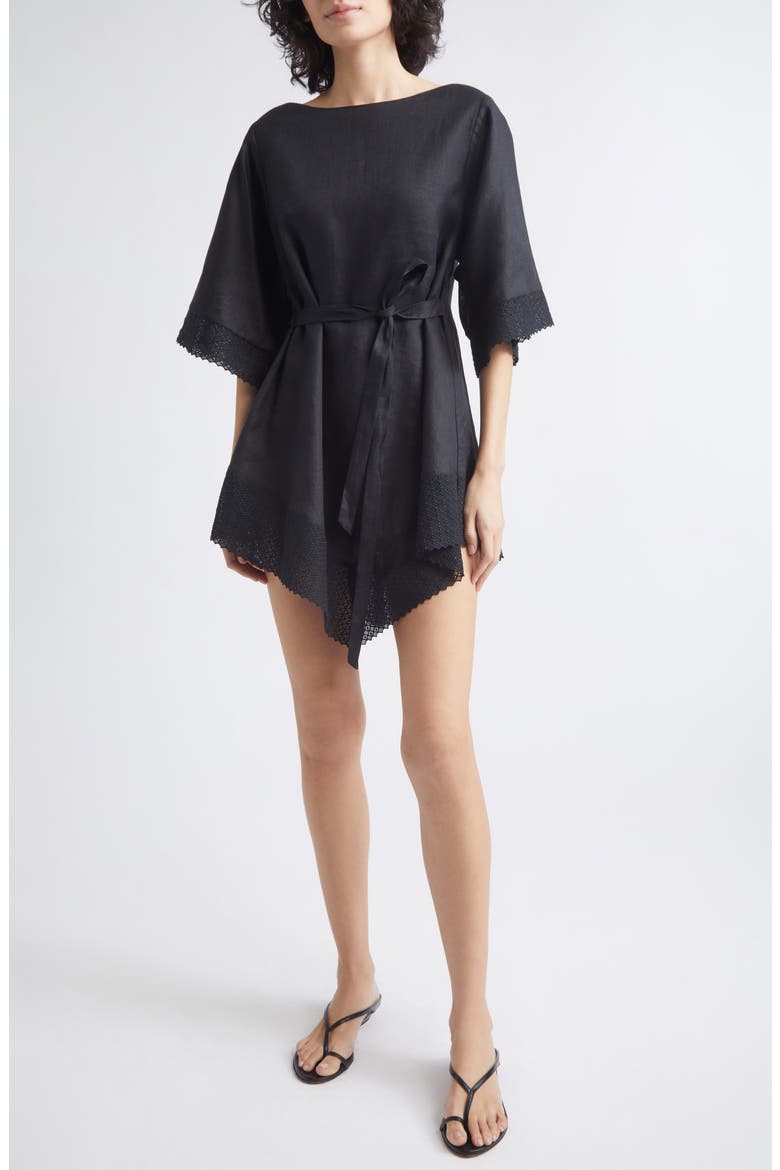 Alfie Linen Caftan Minidress, Alternate, color, BLACK