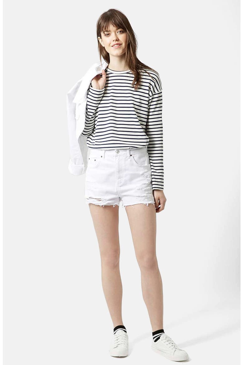 Moto White Denim Shorts, Alternate, color, WHITE