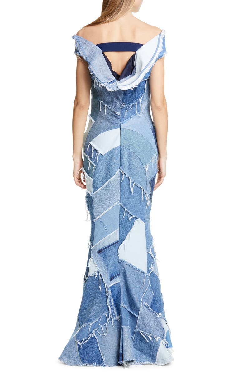 Junya Watanabe Denim Patchwork Off the Shoulder Mermaid Dress, Alternate, color,