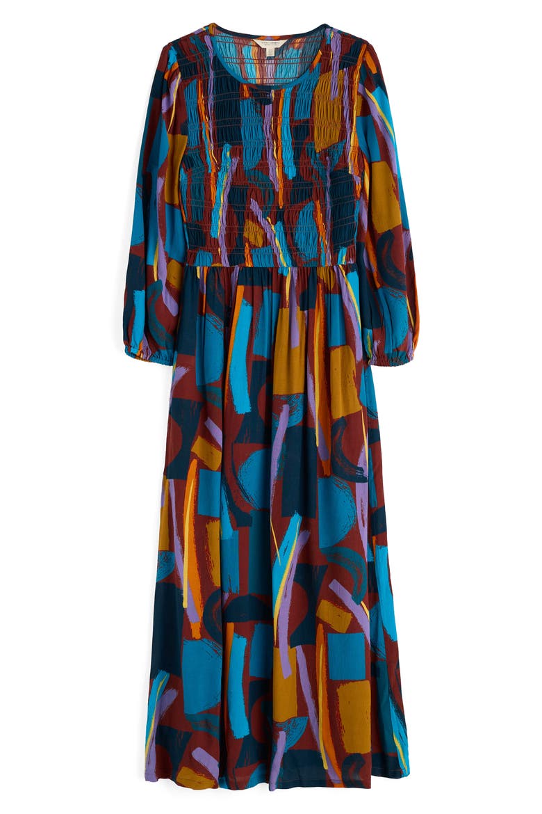 Meadowsweet Geo Print Smocked Midi Dress, Alternate, color, ZENNOR STACK DARK RYE