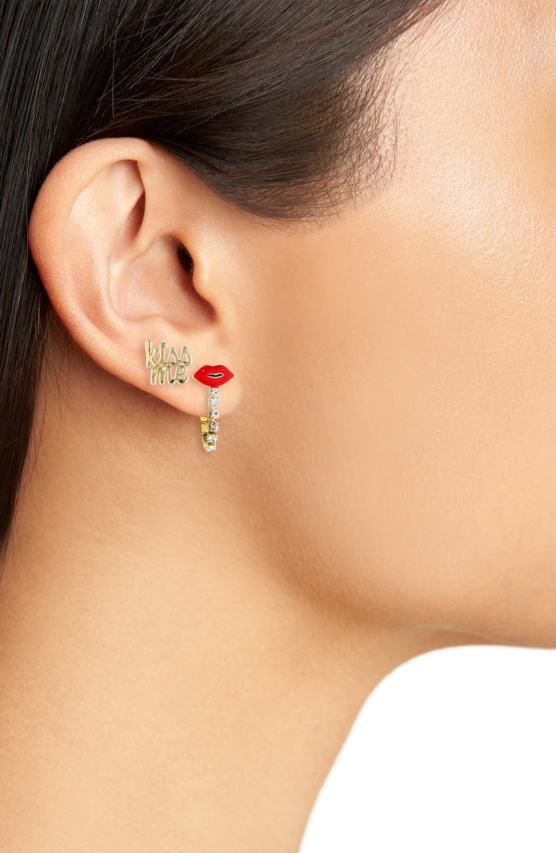 BaubleBar Kiss Me Set of 3 Earrings, Alternate, color, Red/ Gold
