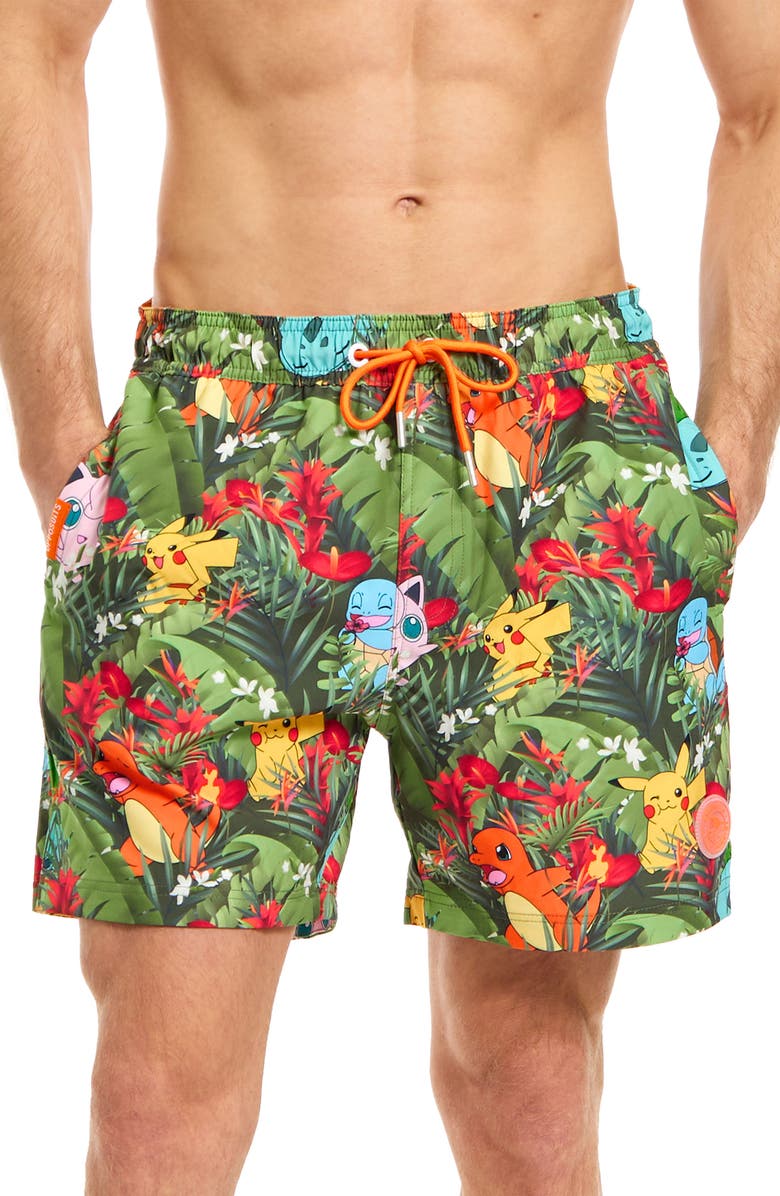 OppoSuits Pokémon Tropical Forest Stretch Swim Trunks, Alternate, color, 