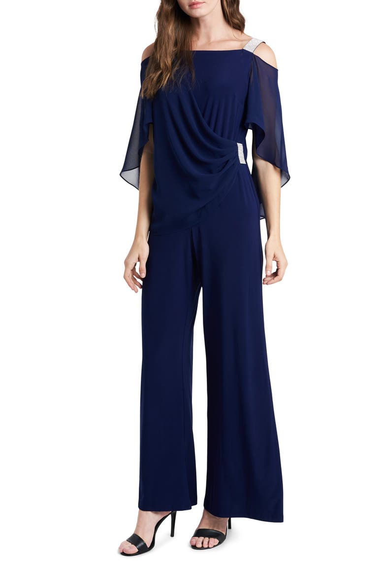 Rhinestone Trim Cape Jumpsuit, Main, color, MIDNIGHT 406