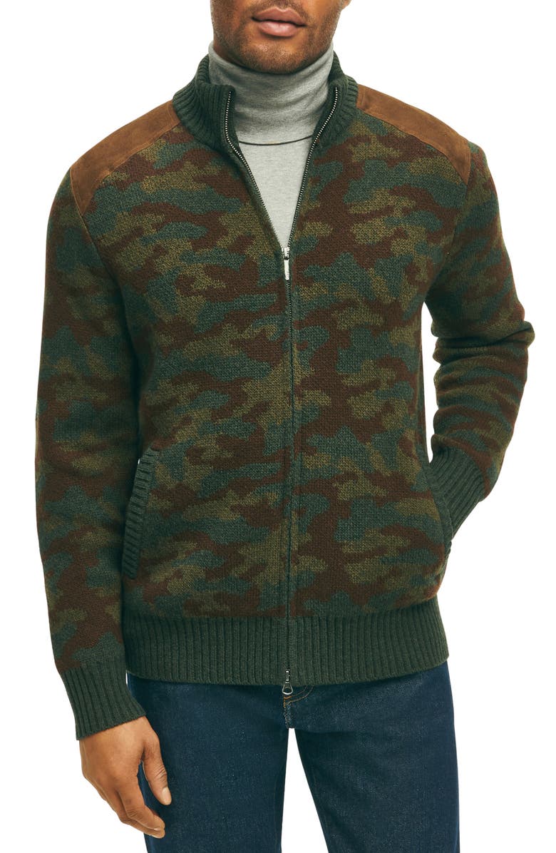 Brooks Brothers Camo Wool Full Zip Sweater, Main, color,