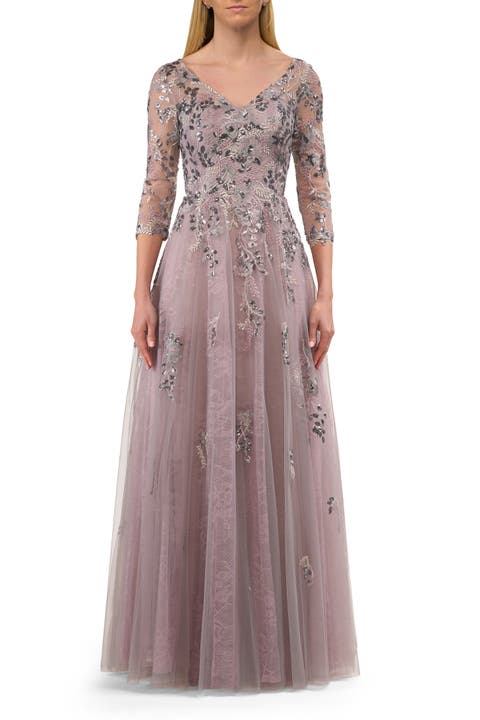 Two Tone Lace Applique Tulle A-line Gown with Illusion Sleeves