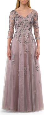 La Femme Two Tone Lace Applique Tulle A-line Gown with Illusion Sleeves