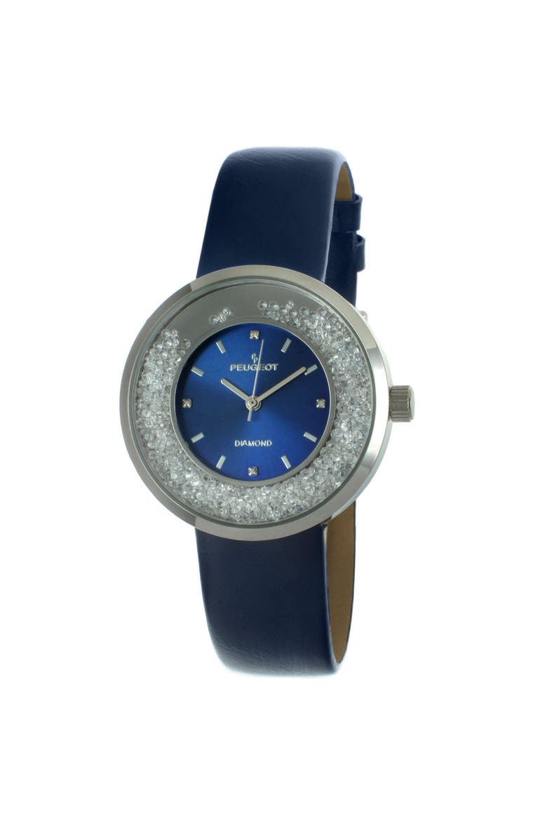 Luxury Round Leather Floating CZ Dial Watch- 38MM, Main, color, Blue