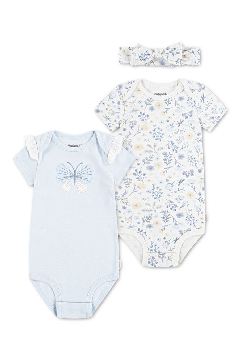 3-Piece Organic Cotton Bodysuits & Headband Set, Main, color, HUGGIES BALLAD BLUE