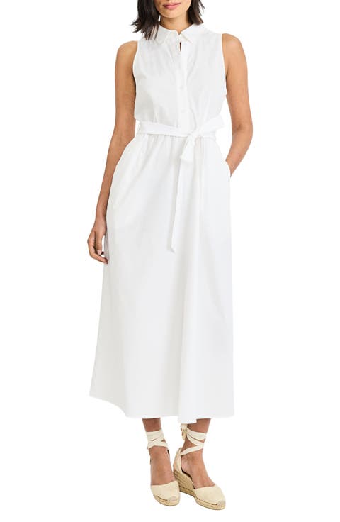 Tie Waist Stretch Cotton Shirtdress