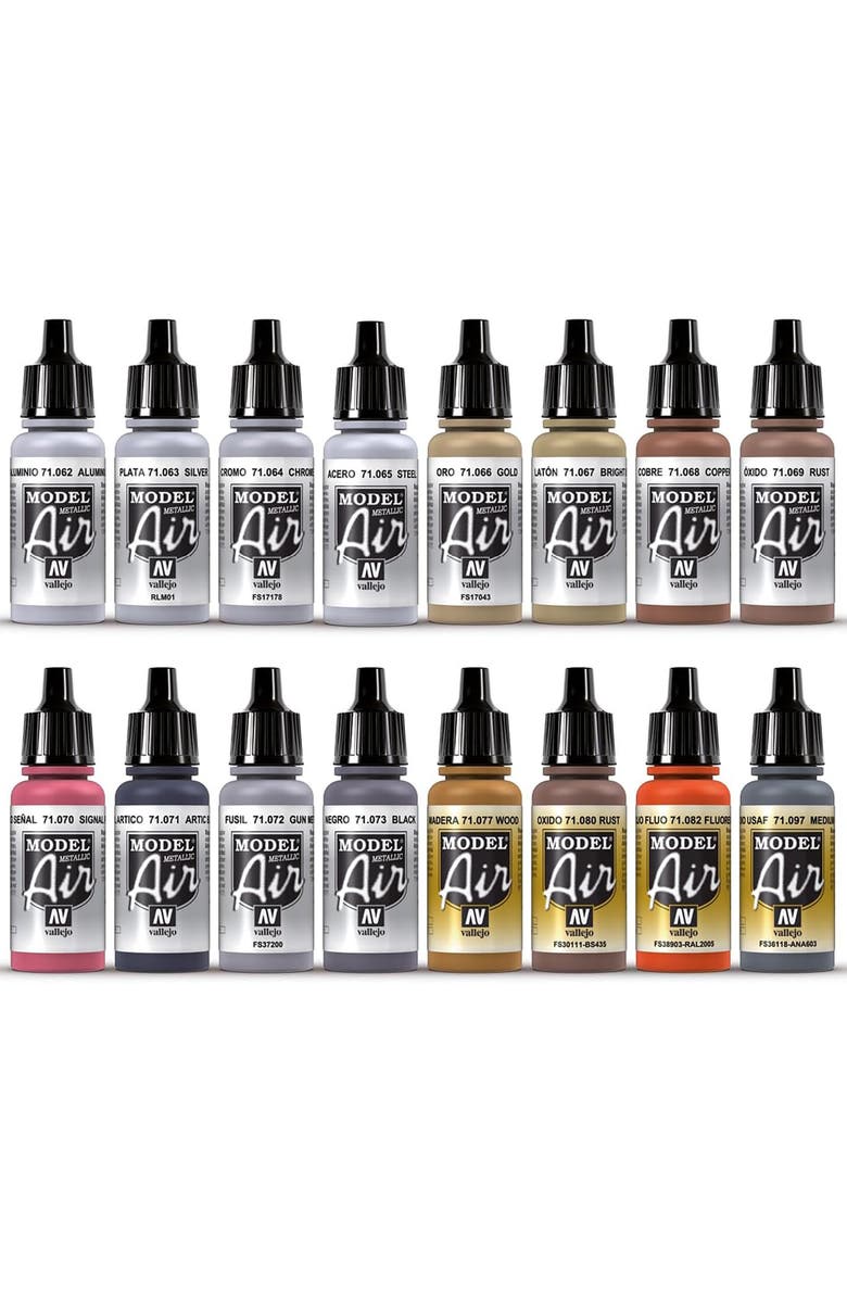 Vallejo Model Air Metallic Set 16 Colors, 18Ml Bottles, Alternate, color, Multicolored