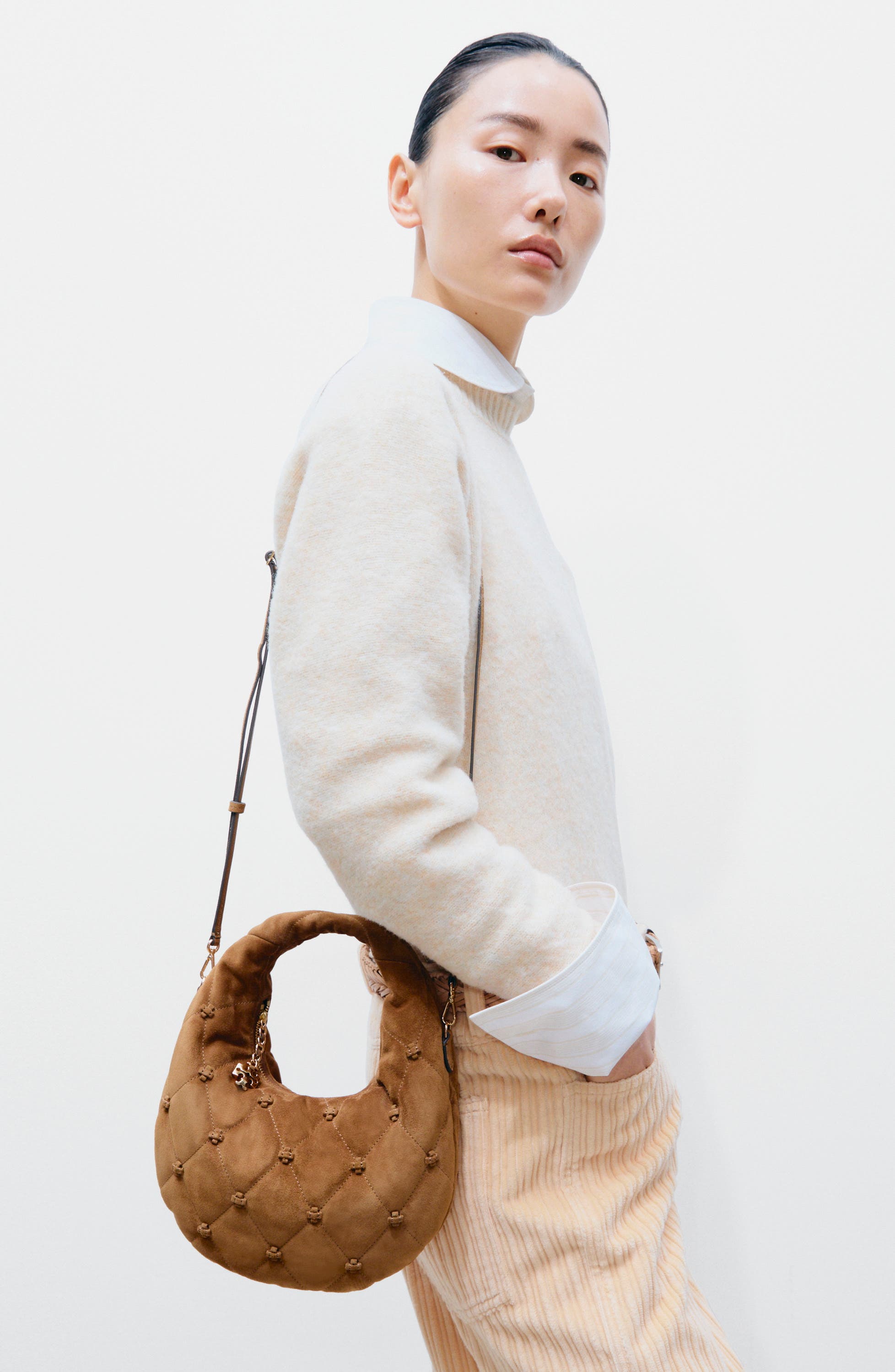 Bunny Knot Suede Top Zip Bag, Alternate, color, TOFFEE