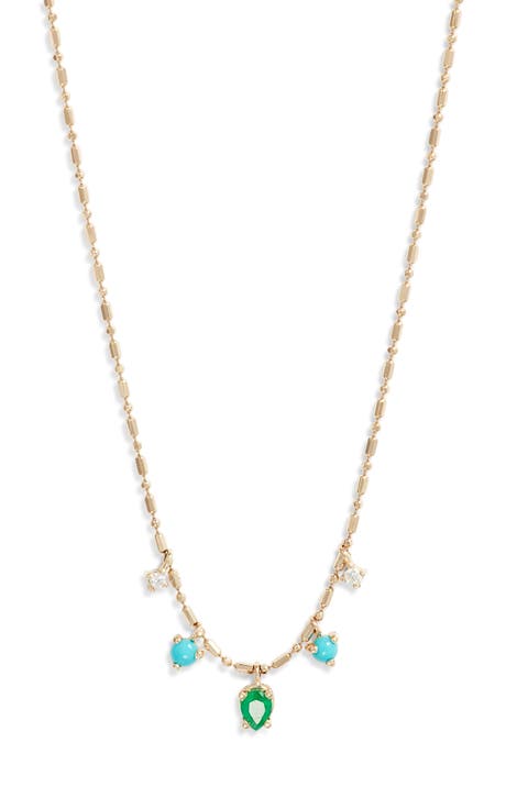 14K Gold Emerald, Diamond & Turquoise Pendant Tube Bar Chain Necklace