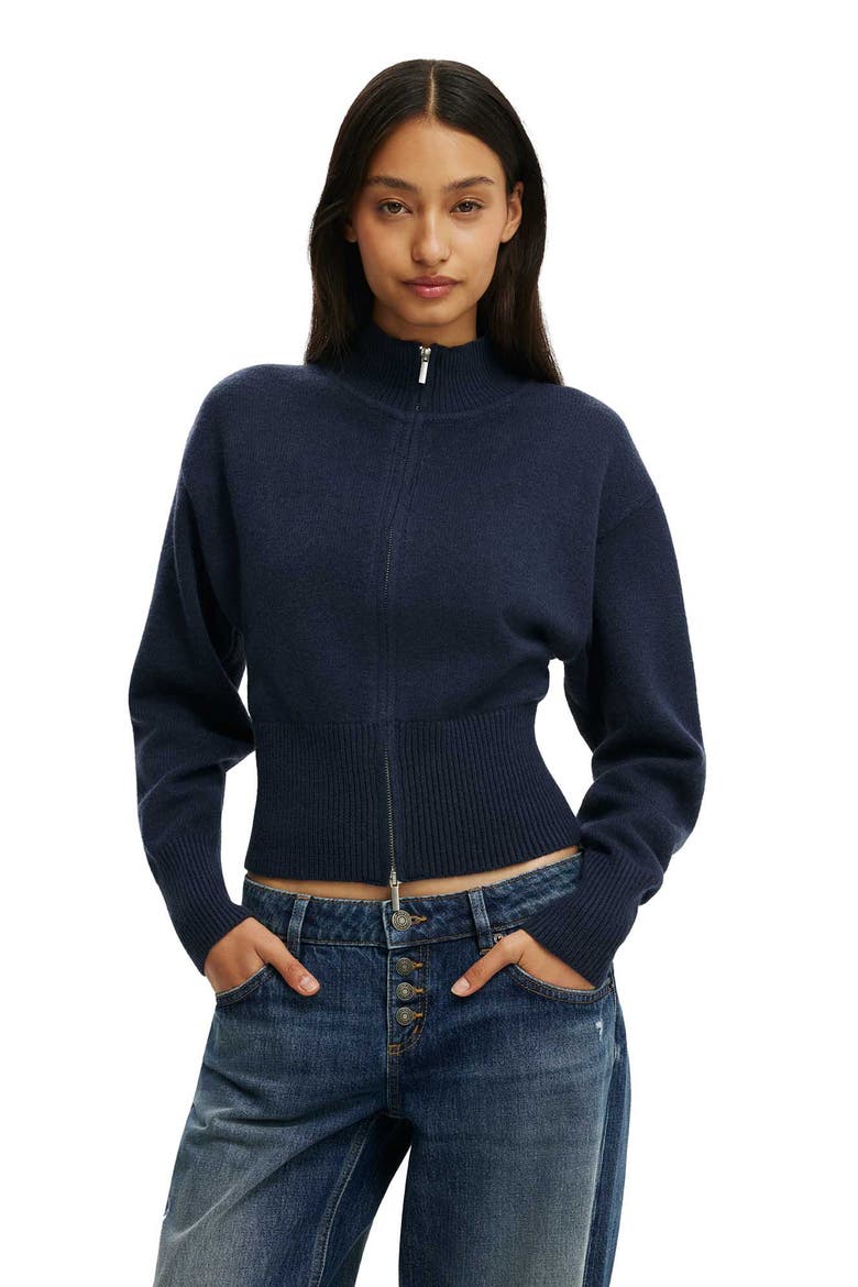 Women's Lotus Cinched Zip Knit, Main, color, Navy