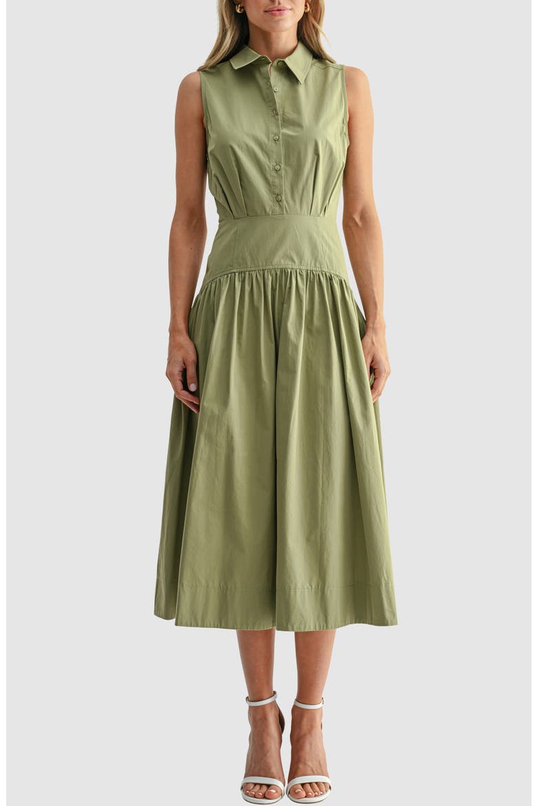 Sleeveless Drop Waist Midi Shirtdress, Main, color, LIGHT OLIVE