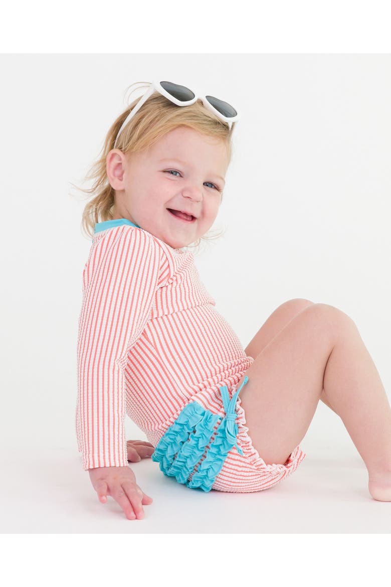 Girls Seersucker Long Sleeve UPF50+ One Piece Rash Guard, Alternate, color, Coral Seersucker