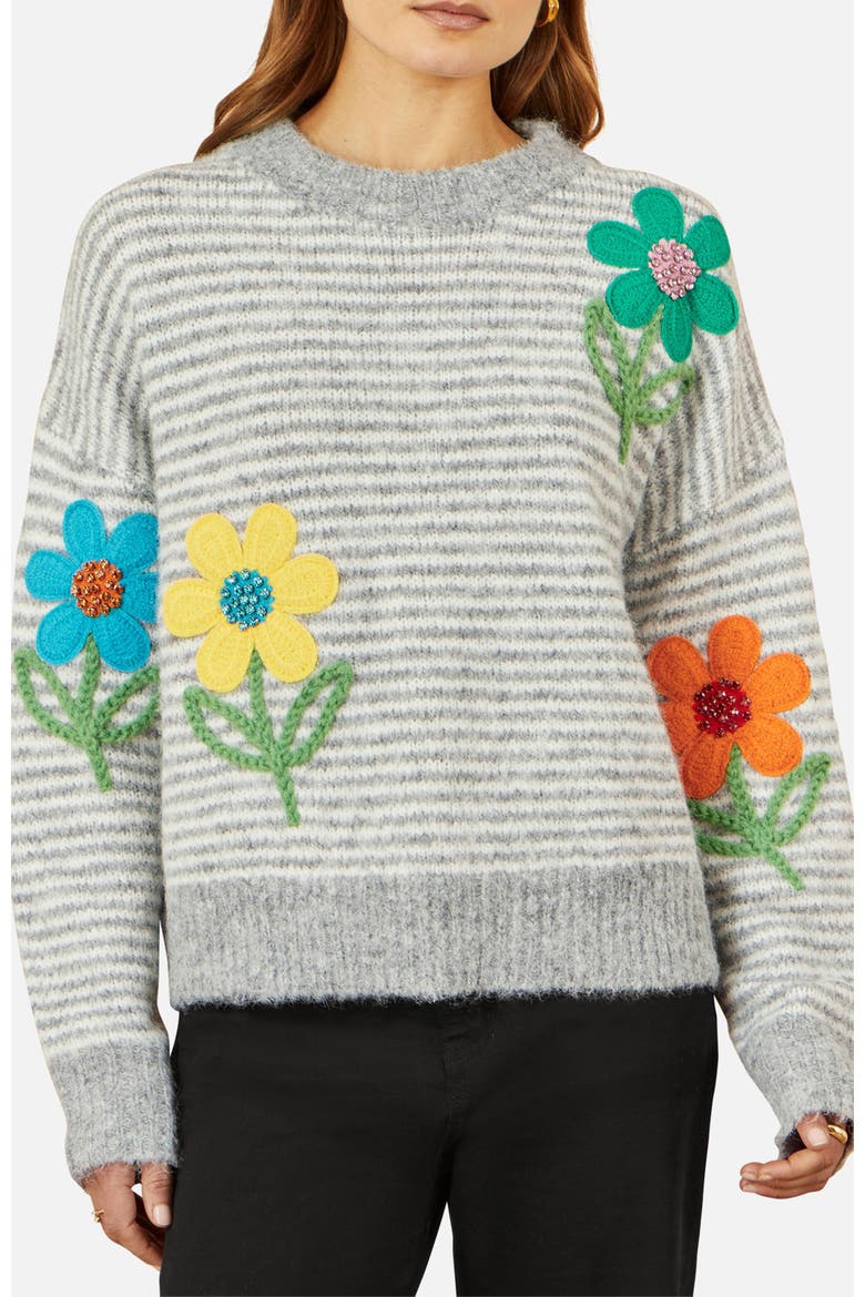 Striped Floral Applique Sweater, Alternate, color, Grey