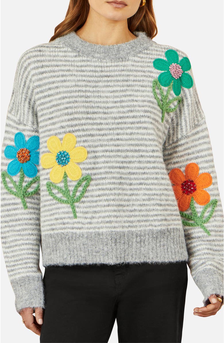 Yumi Striped Relaxed Fit Jumper With Flowers, Alternate, color, Grey