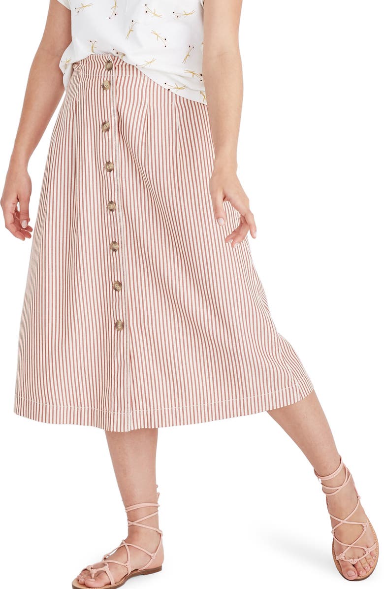 Madewell Patio Stripe Button Front Midi Skirt, Alternate, color,