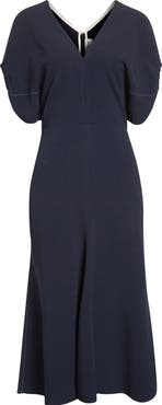 Victoria Beckham Blouson Detail Stretch Crepe Midi Dress