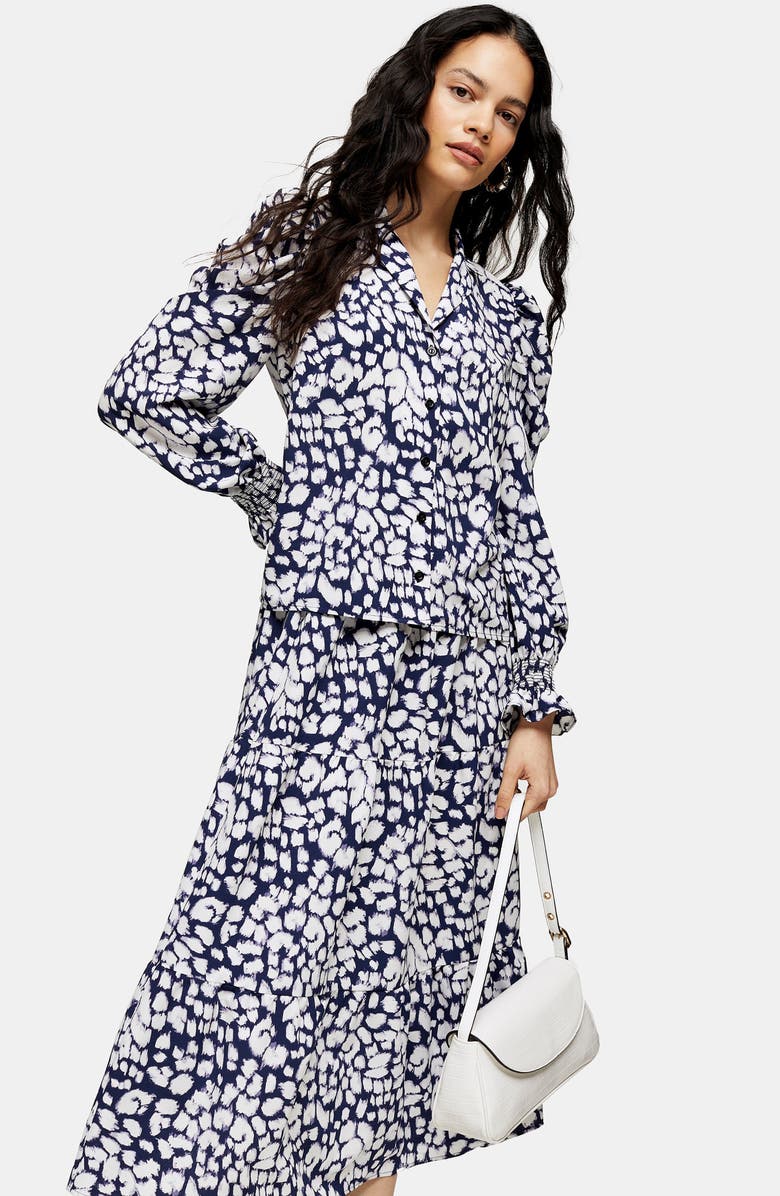 Topshop Sketch Animal Tiered Midi Skirt, Alternate, color, 