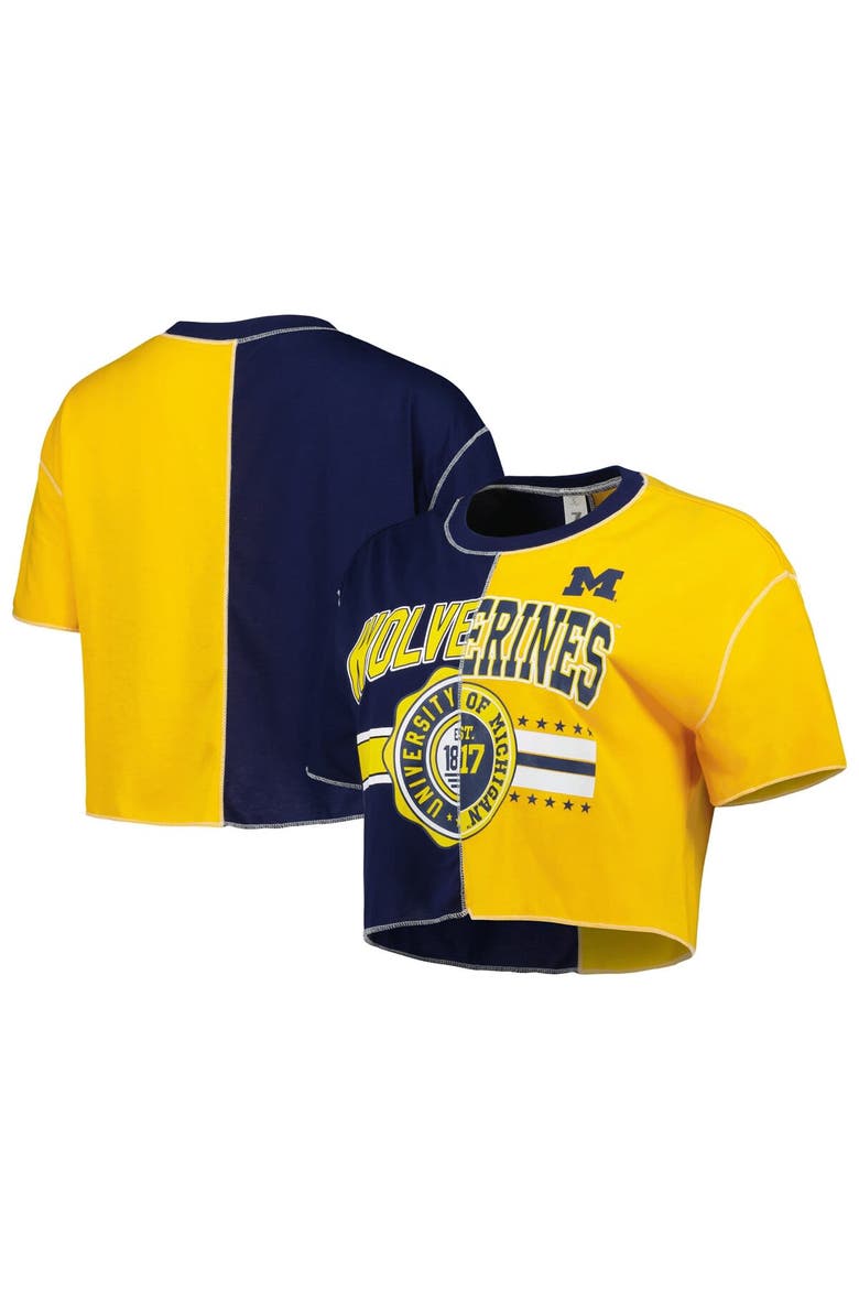 Women's ZooZatz Navy/Maize Michigan Wolverines Colorblock Cropped T-Shirt, Main, color, Navy