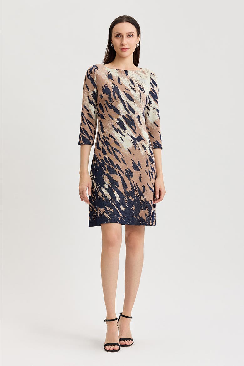 A-Line Abstract Animal Print Soft Knit Dress, Main, color, Taupe/Indigo/Almond/Ivory