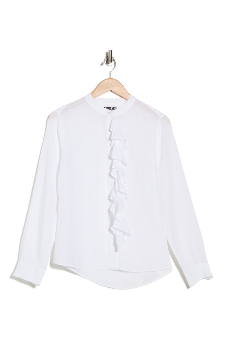 Ruffle Long Sleeve Linen Button-Up Shirt, Alternate, color, WHITE
