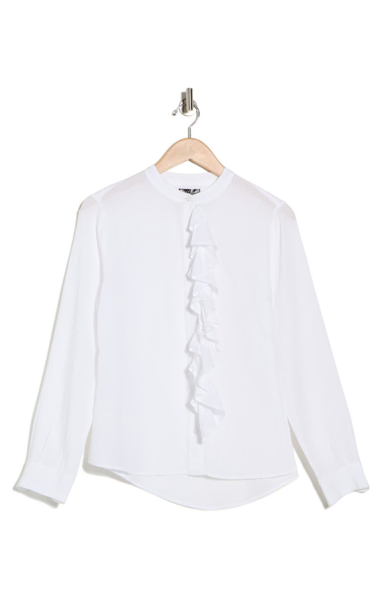 AREA STARS Ruffle Long Sleeve Linen Button-Up Shirt, Main, color, White