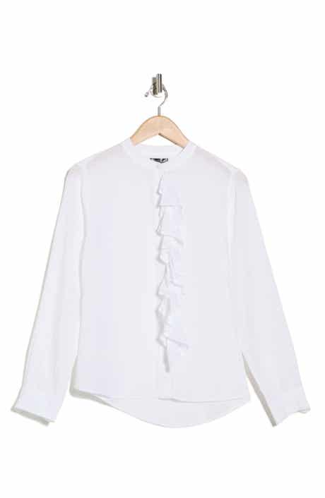 AREA STARS Ruffle Long Sleeve Linen Button-Up Shirt