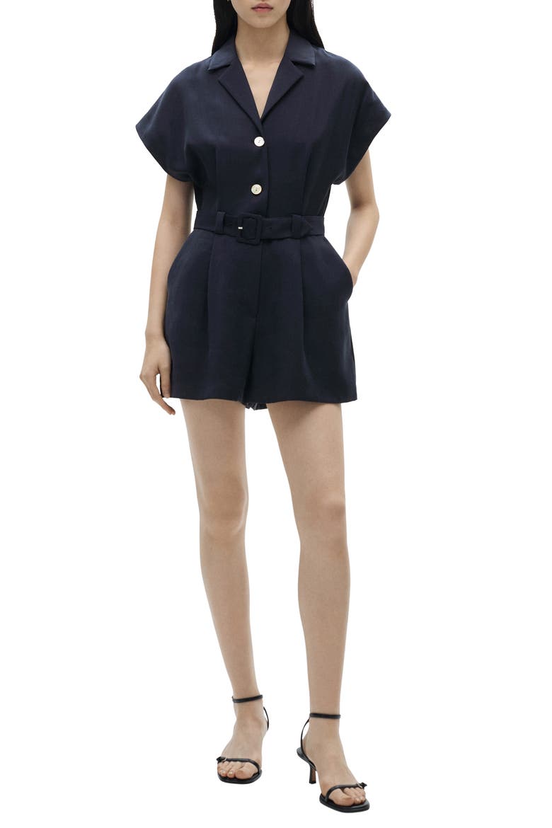 Notched Collar Short Sleeve Belted Romper, Main, color, DARK NAVY