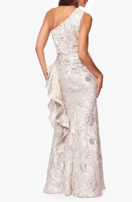 Xscape Evenings Metallic Floral Jacquard One-shoulder Sheath Gown In Champagne