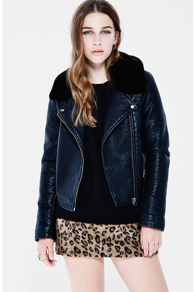 Faux Leather Jacket with Removable Faux Fur, Main, color, BLACK
