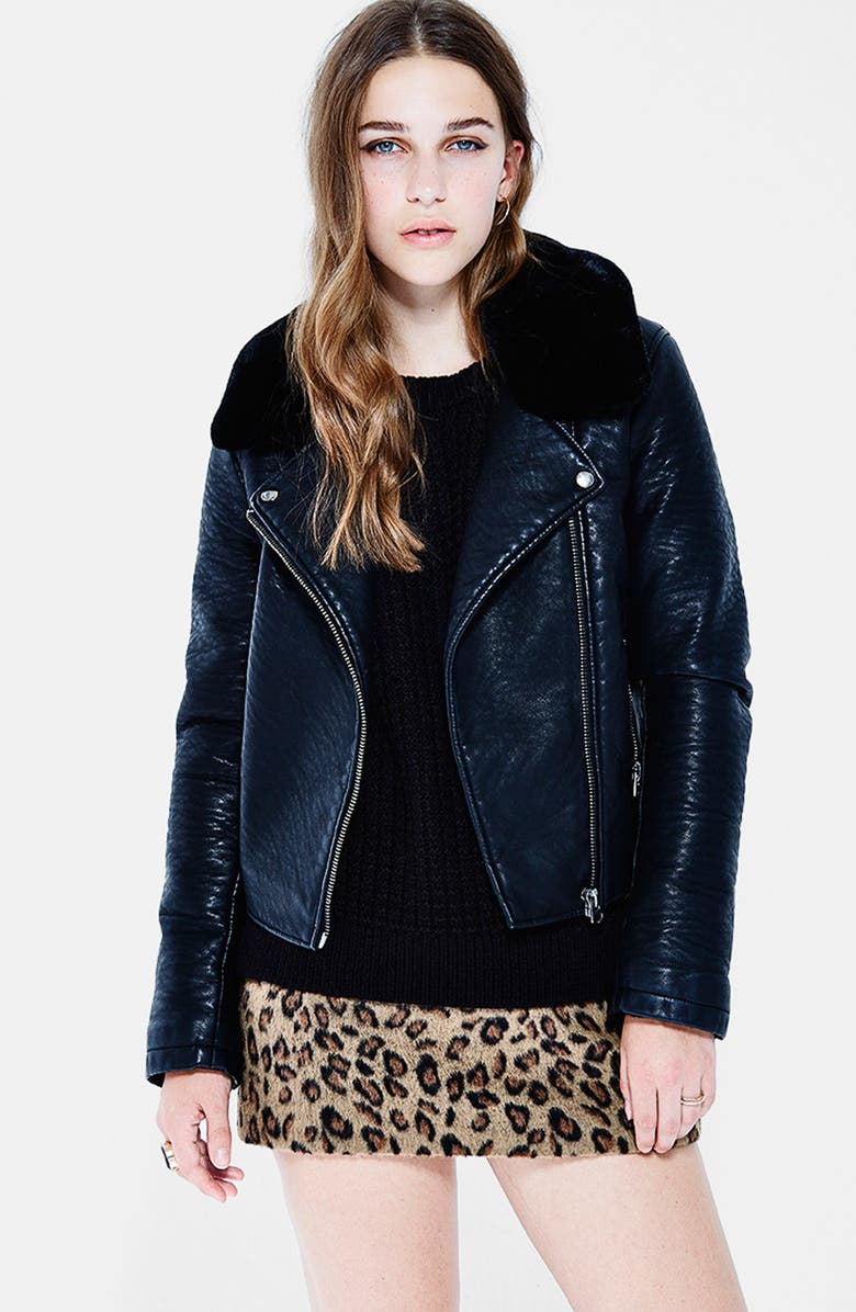 Topshop Faux Leather Jacket with Removable Faux Fur, Main, color,
