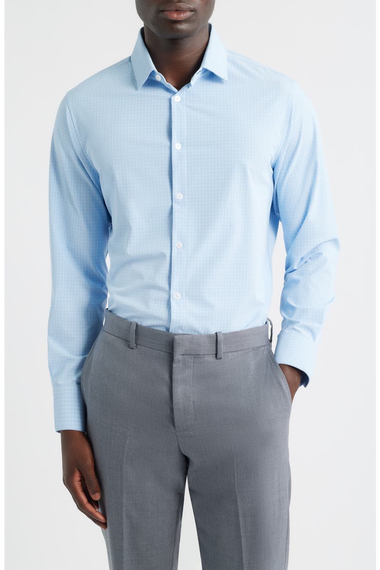 Leeward Trim Fit Grid Performance Button-Up Shirt, Main, color, CLOUD BLUE MINI GRID