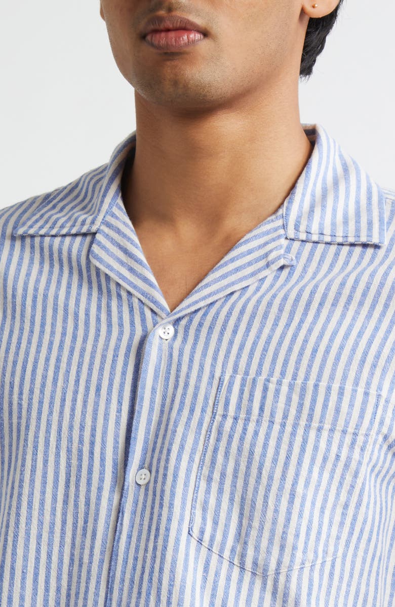 Drake's Stripe Cotton & Linen Camp Shirt, Alternate, color, Blue