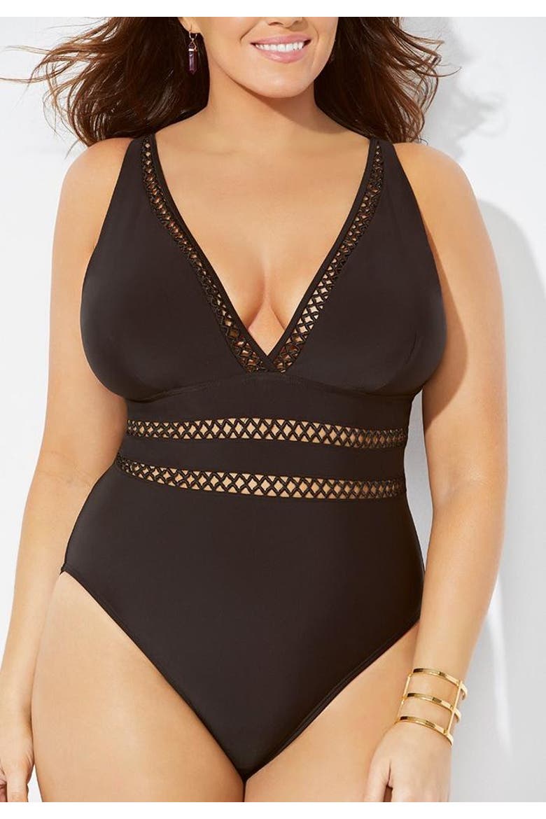 Lattice Plunge One Piece Swimsuit, Alternate, color, Black