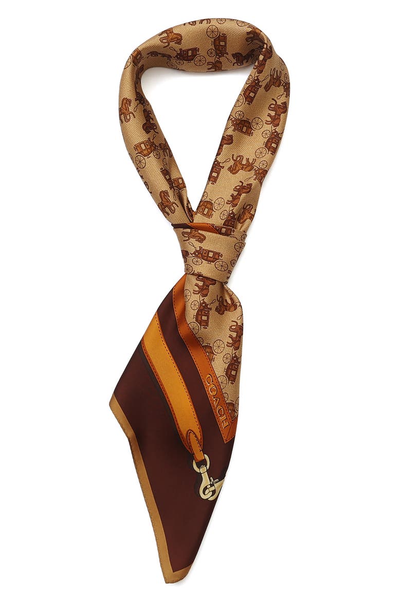 Horse & Carriage Print Silk Square Scarf, Alternate, color, BROWN