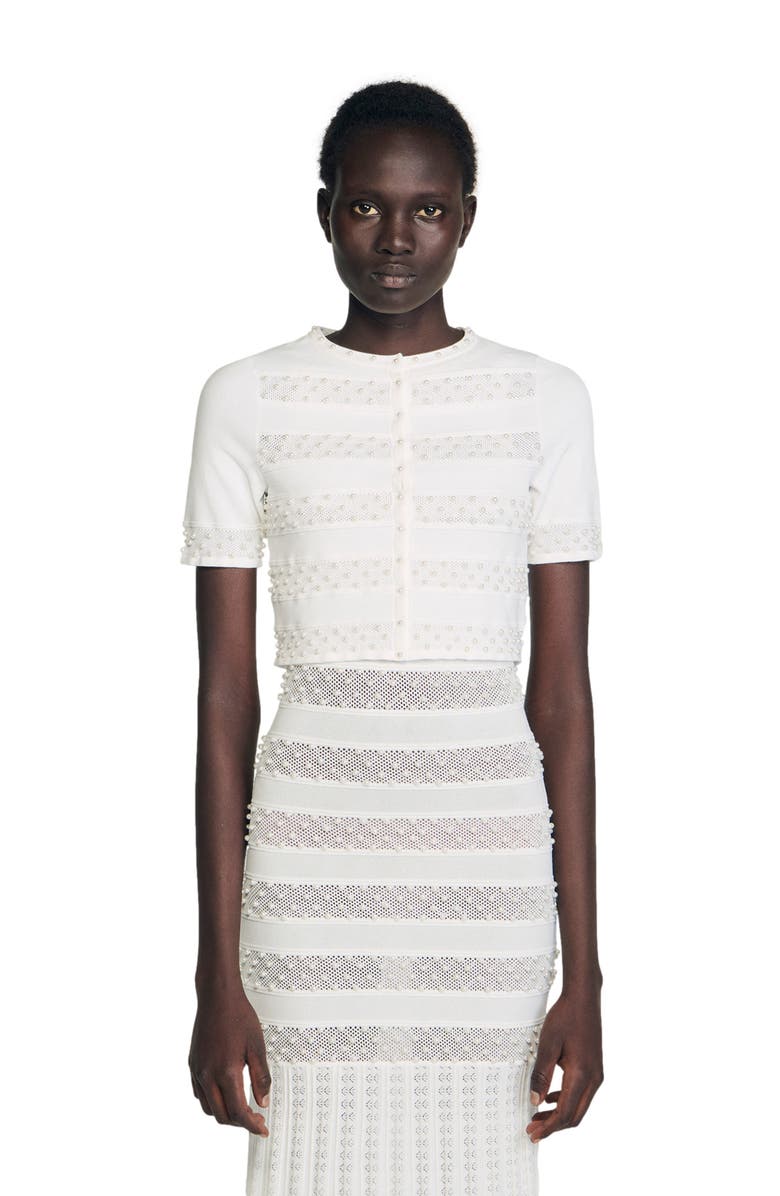 SANDRO Fine knit cropped beaded cardigan, Main, color, Ecru