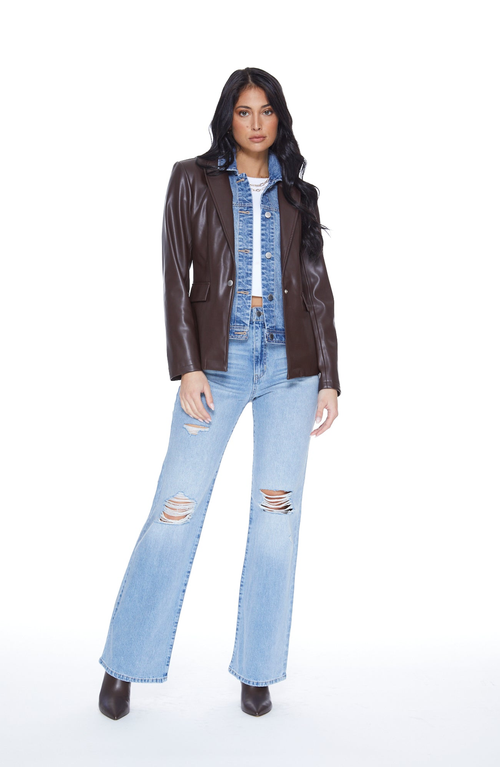 Blue Revival Helen Blazer Unreal Leather With Removable Denim Insert In Chocolate In Burgundy