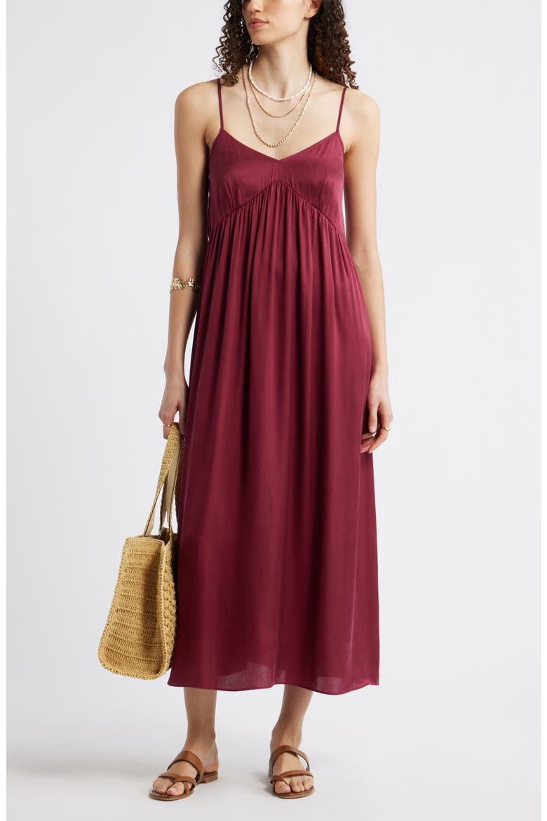 Strappy Gathered Midi Dress, Alternate, color, BURGUNDY RHODE