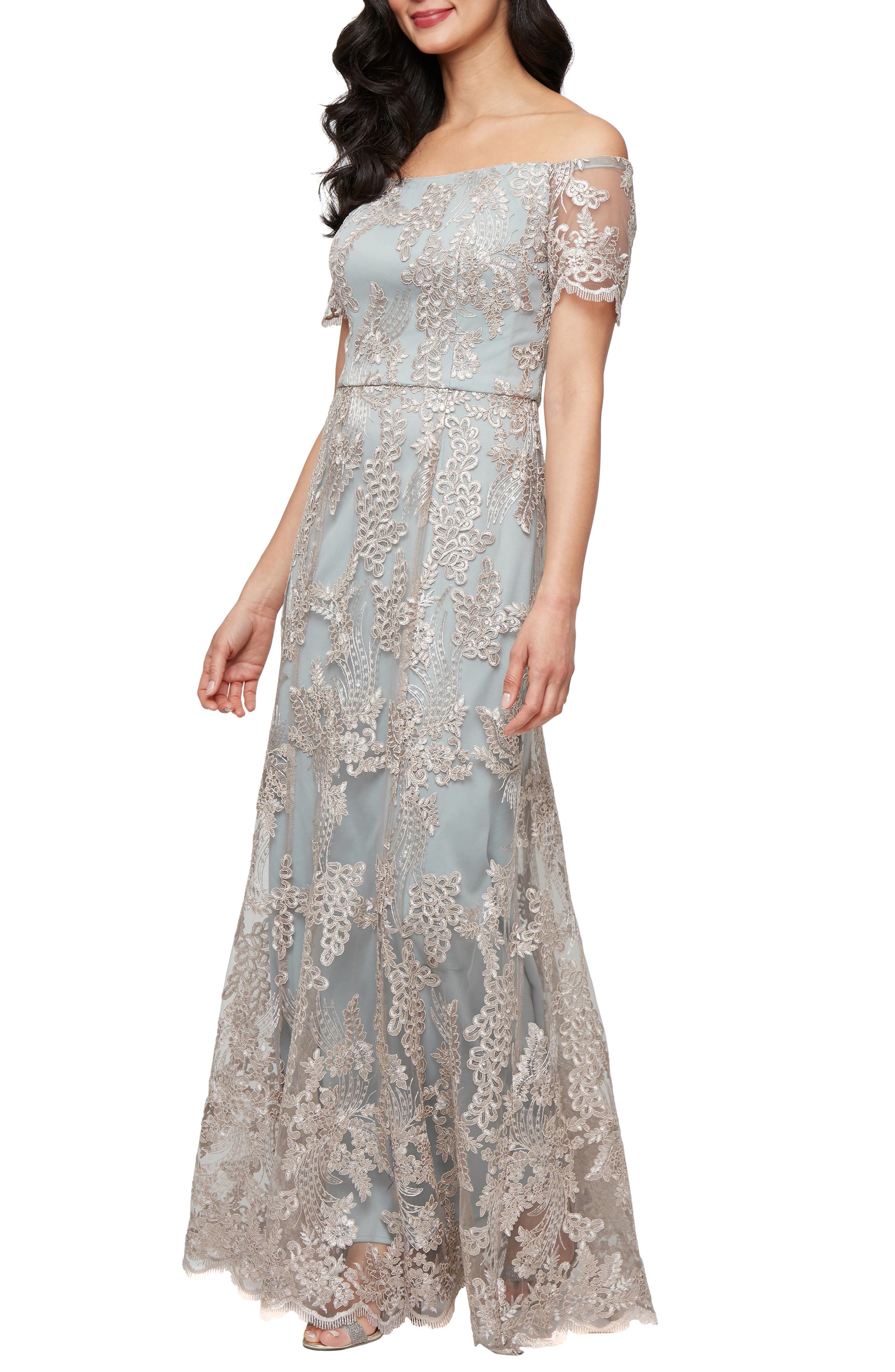 Embroidered Off the Shoulder Tulle Mermaid Gown